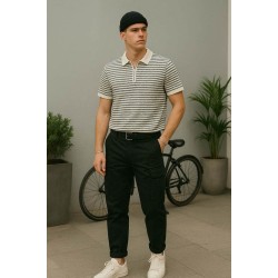 Krem Yakalı Örgü Kumaş Polo Yaka Tişört 4010
