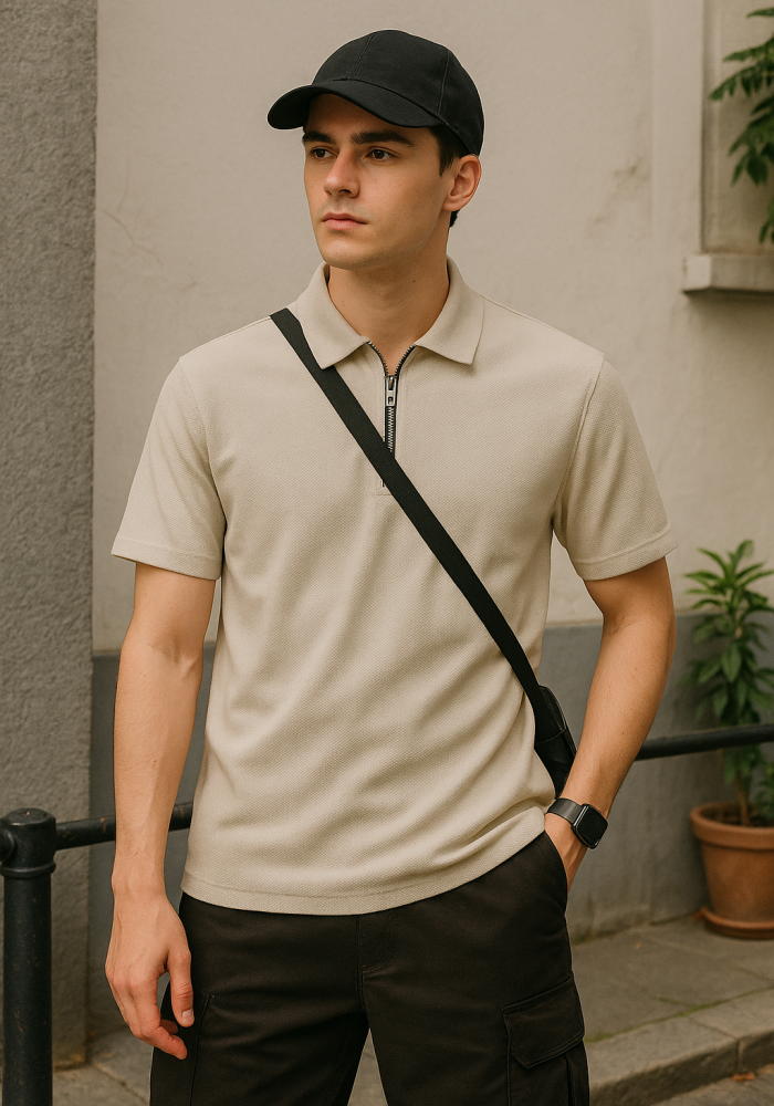 Bej Fermuarlı Polo Yaka T-shirt 4034