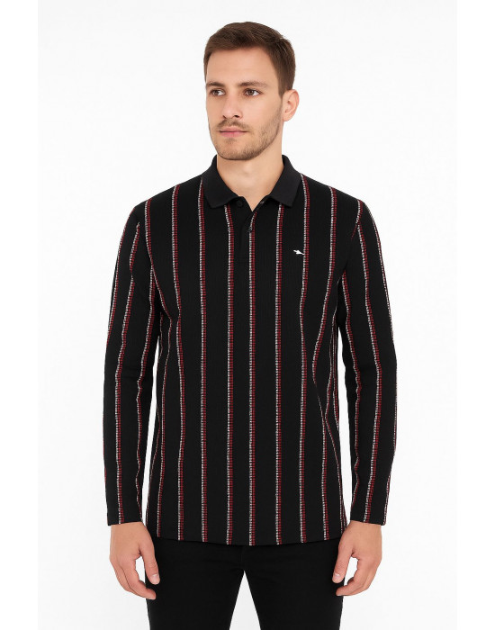 KIRMIZI SİYAH ÇİZGİLİ POLO YAKA SWEATSHİRT