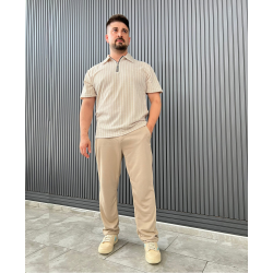 Bej Çizgili Polo Yaka T-shirt 4033
