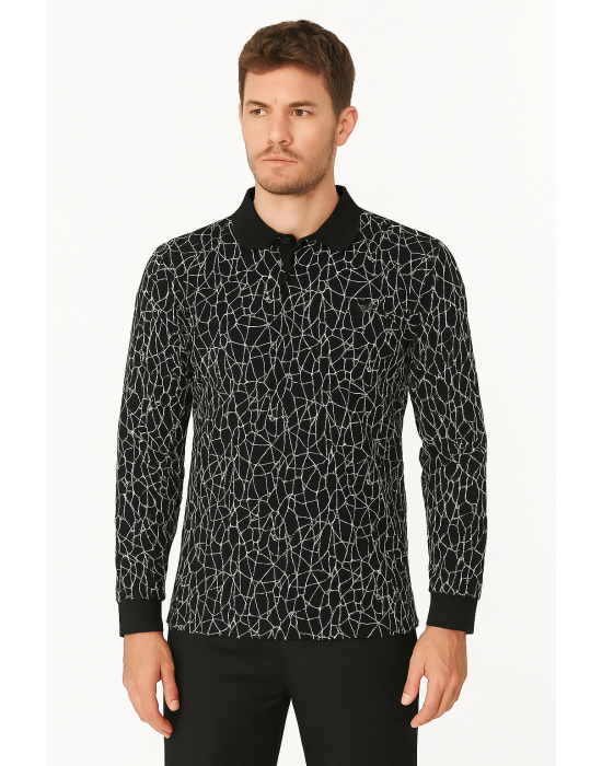 SİYAH POLO YAKA ÇİZGİLİ SWEATSHİRT