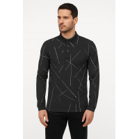 SİYAH KENDİNDEN DESENLİ ÇİZGİLİ POLO YAKA SWEATSHİRT