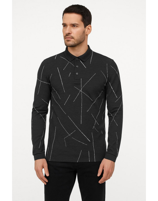 SİYAH KENDİNDEN DESENLİ ÇİZGİLİ POLO YAKA SWEATSHİRT