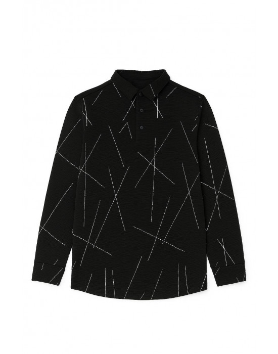 SİYAH KENDİNDEN DESENLİ ÇİZGİLİ POLO YAKA SWEATSHİRT